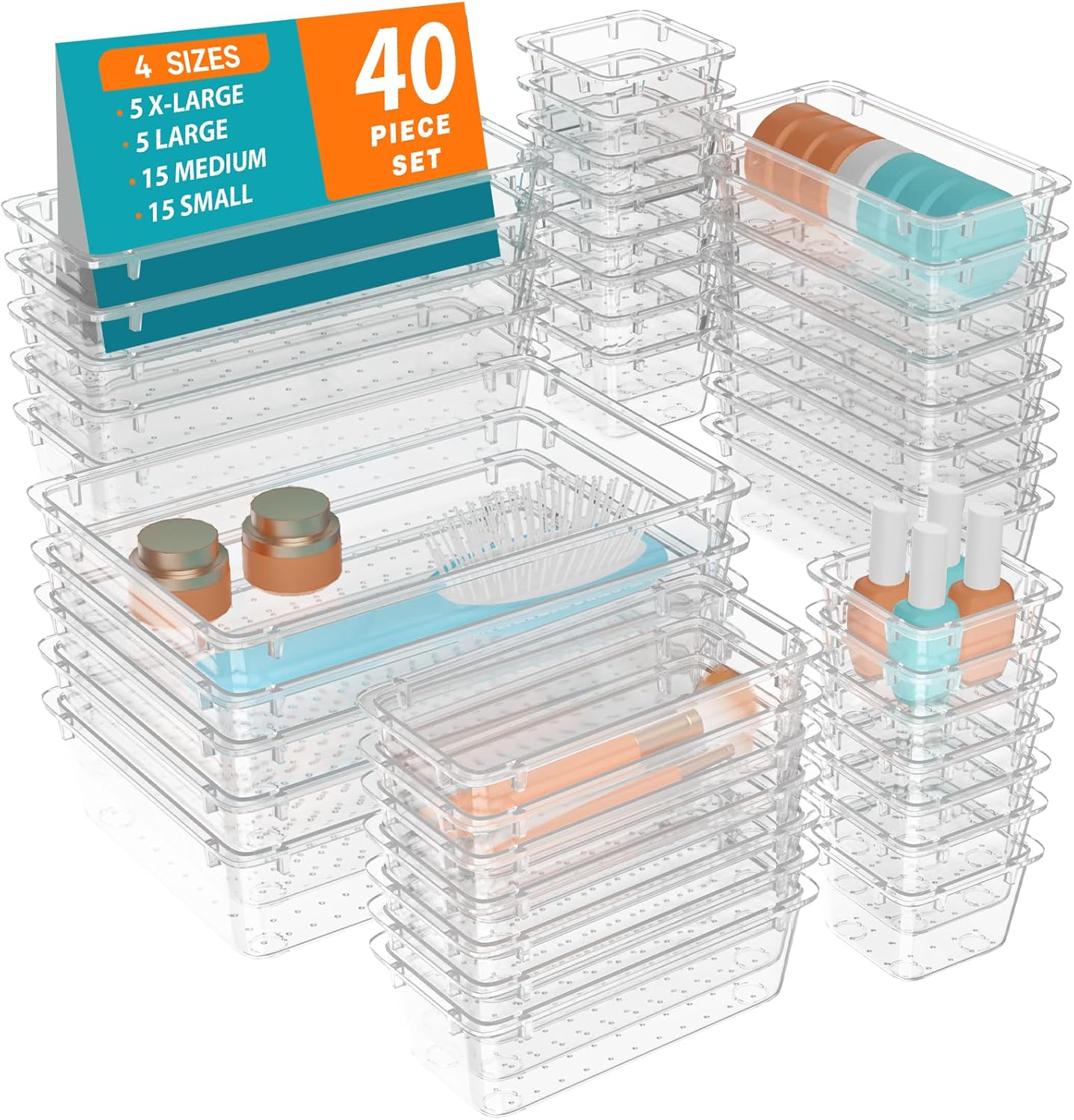 WOWBOX 32 PCS Clear Plastic Drawer Organizer Set, 4 Sizes Desk Drawer Organization and Storage Containers for Makeup, Cosmetics, Jewelry and Gadgets in Kitchen, Bathroom, Bedroom, Office, Clear Black