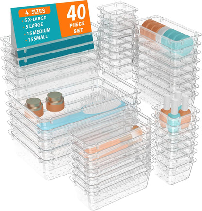 WOWBOX 32 PCS Clear Plastic Drawer Organizer Set, 4 Sizes Desk Drawer Organization and Storage Containers for Makeup, Cosmetics, Jewelry and Gadgets in Kitchen, Bathroom, Bedroom, Office, Clear Black
