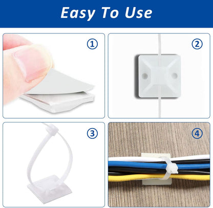Strong Back-Glue Self Adhesive Cable Zip Tie Mounts Kit - 100 Set Cable Management Clips with 6" Zip Ties, Wire Holders - Outdoor Sticky Wire Organizer Clips-Black