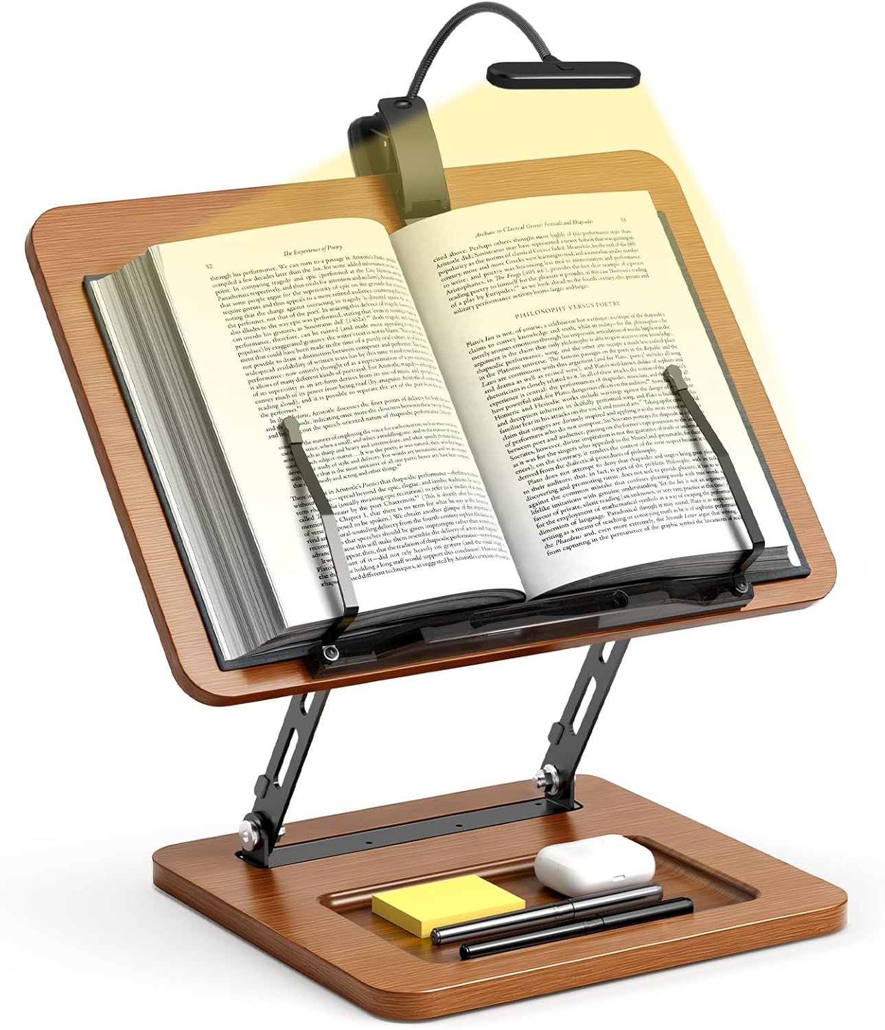 Book Stand for Reading, 360° Rotating Hands Free Book Holder, Adjustable Height and Angle, Page Clip for Cookbook, Recipe, Magazine, Laptop,Tablet, Foldable for Kitchen, Office, School