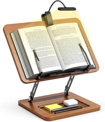 Book Stand for Reading, 360° Rotating Hands Free Book Holder, Adjustable Height and Angle, Page Clip for Cookbook, Recipe, Magazine, Laptop,Tablet, Foldable for Kitchen, Office, School