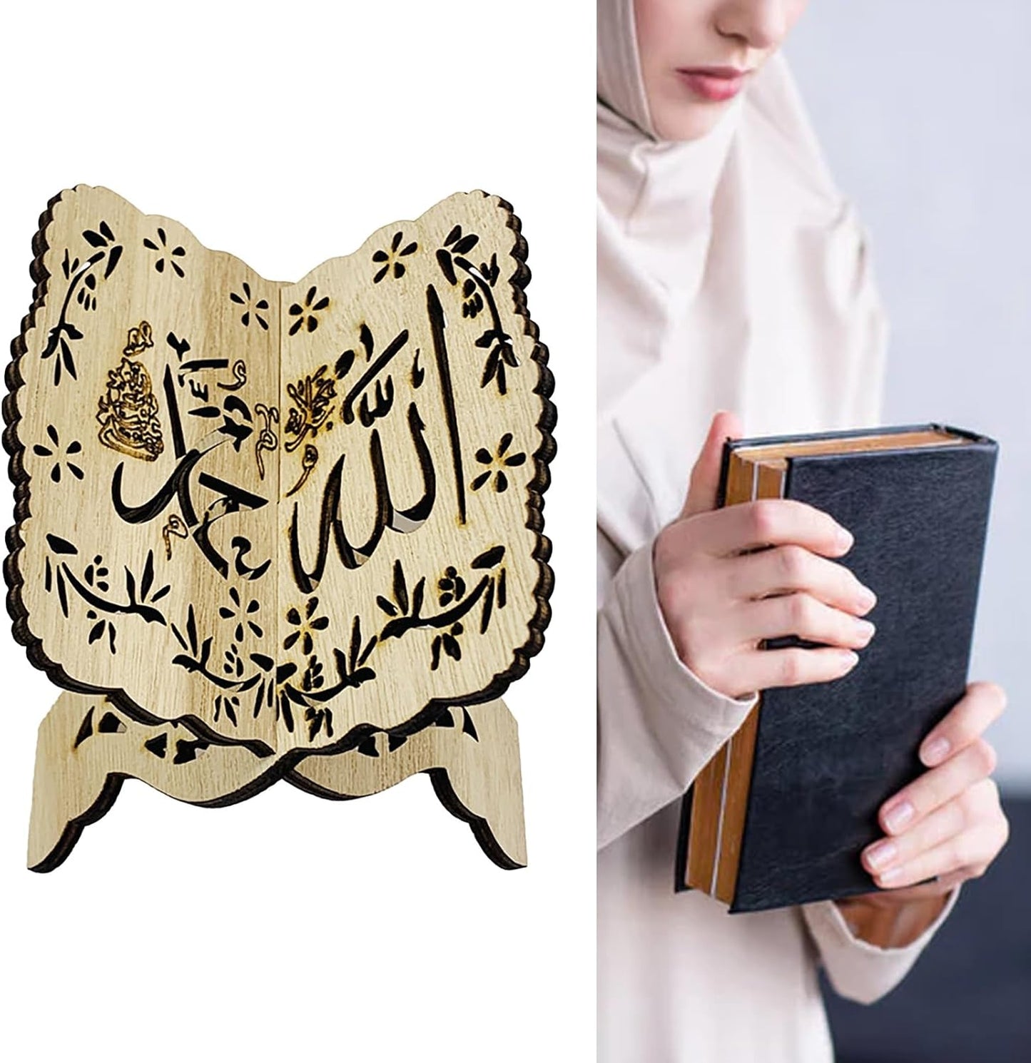 Folding Wooden Book Stand,Exquisite Engraving Muslim Book Holder,Islam Eid Quran Bible Carved Book Stand for Home Office,Religious Gift(1#)