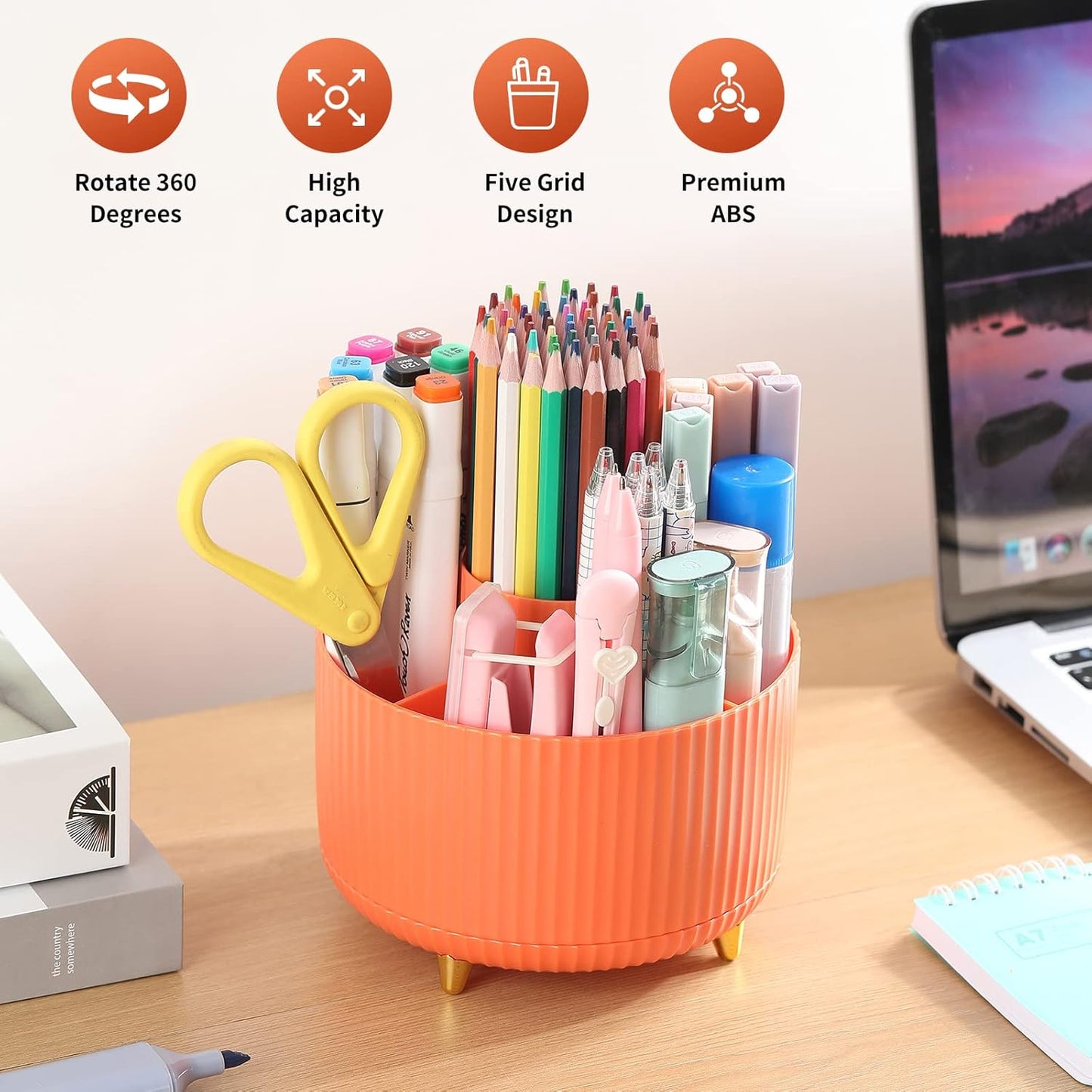 Desk Pencil Pen Holder, 5 Slots 360°Degree Rotating Pen Organizers for Desk, Desktop Storage Stationery Supplies Organizer, Cute Pencil Cup Pot for Office, School, Home, Art Supply, Dark Green