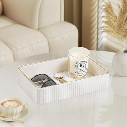 Desk Organizer Tray, PU Leather Nightstand Organizer Perfume Valet Tray for Men Women, Decorative Vanity Trays Trinket Dish Key Bowl for Entryway Table (2pcs, Ivory, Large+Small)