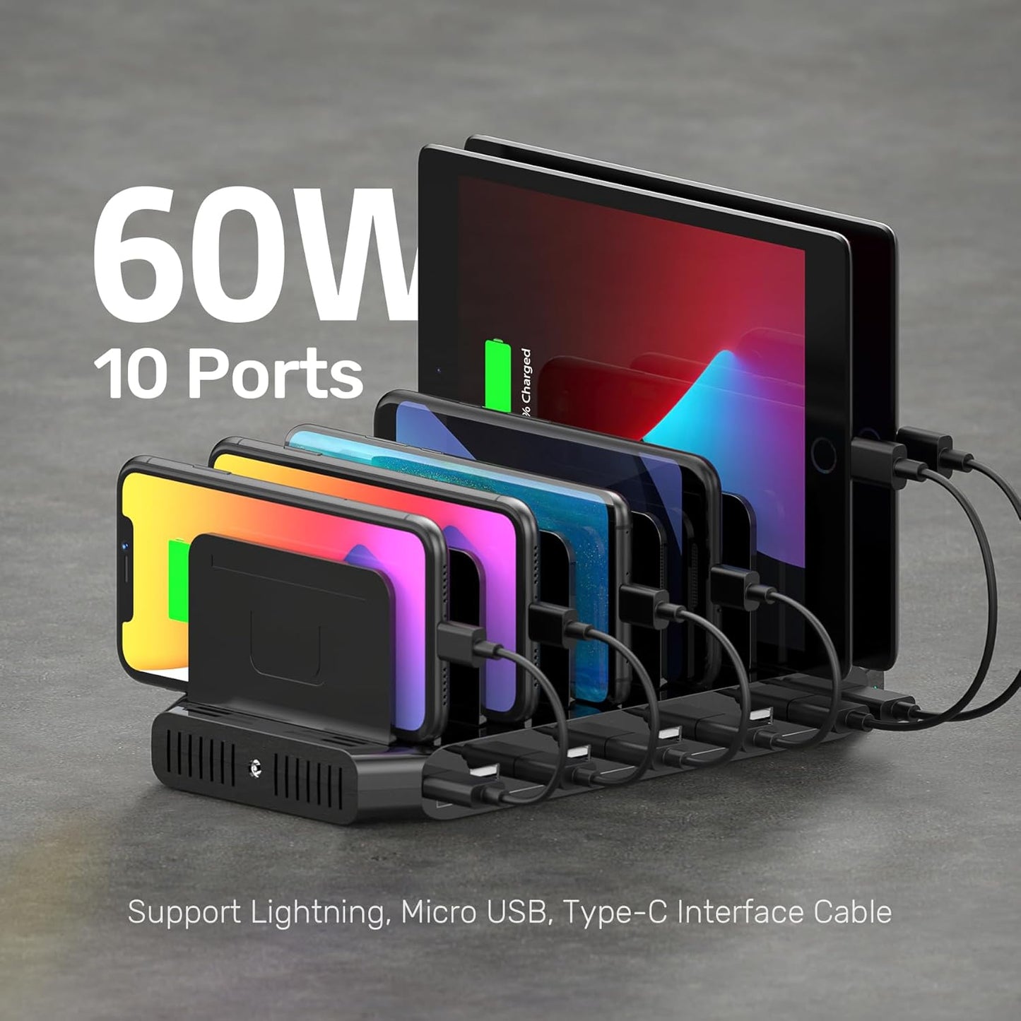 Unitek 10-Port Desktop Charging Dock Ultimate Charging Station for Multiple Devices, iPhones & Apple Products High-Speed USB Hub with LED Display for Office, Kitchen Counter, Desk Organizer