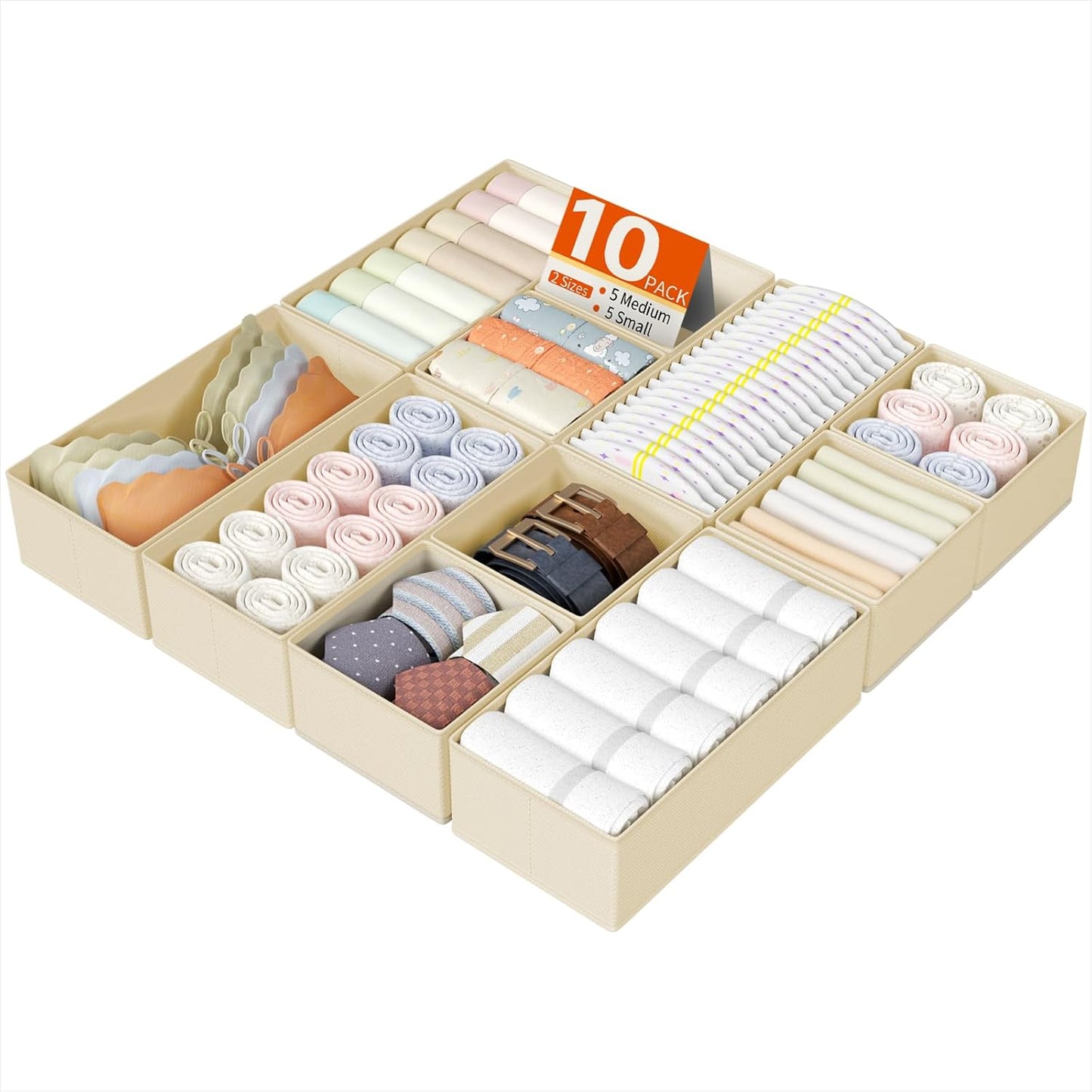 DIMJ Drawer Organizers Clothes, Dresser Organizer Bins for Baby Clothes,Underwear and Sock, Fabric Closet Organization and Storage Boxs, Drawer Dividers for Nursery, Clothing, Tie - 4 Pack, Beige