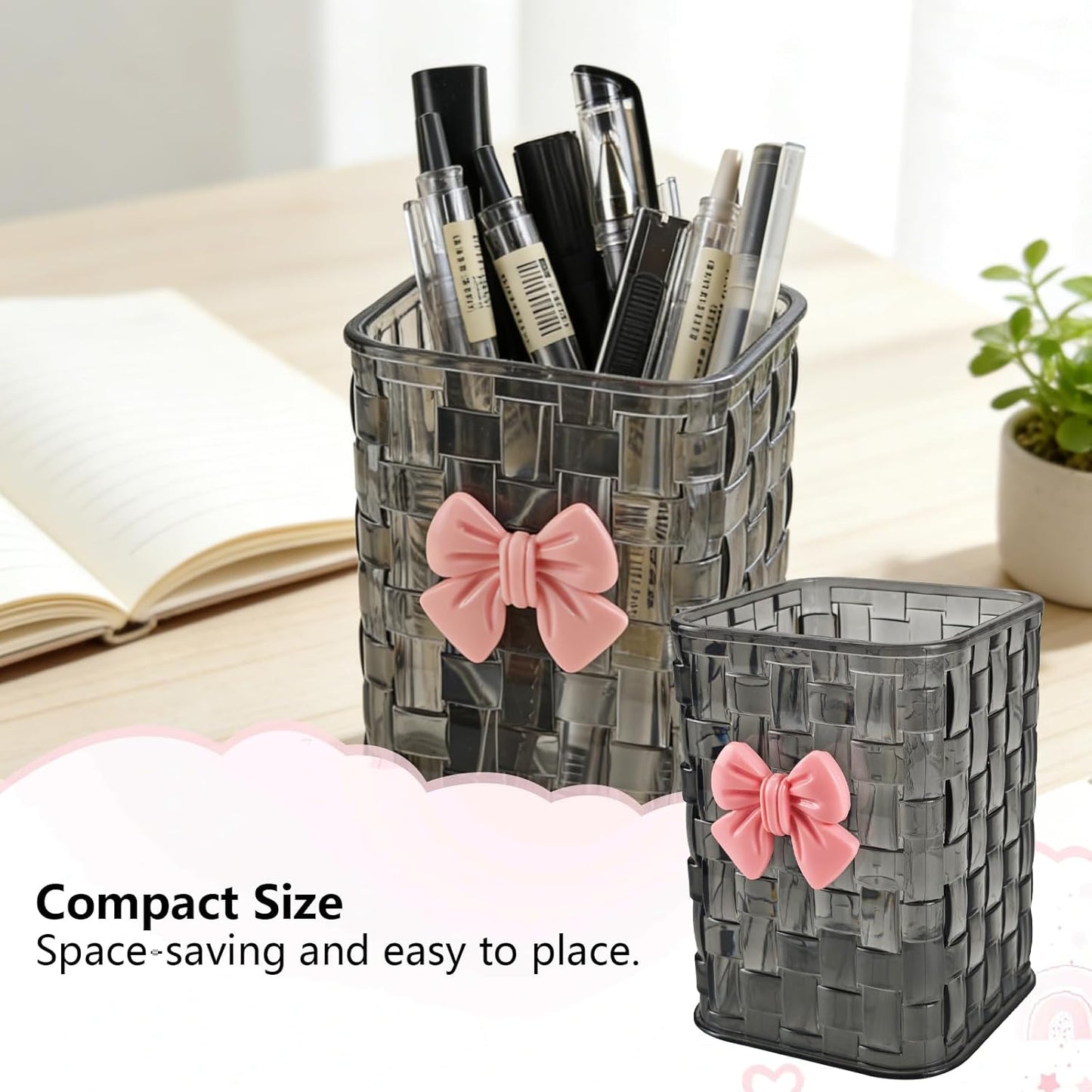 Nirvany Acrylic Pen Holder for Desk, Cute Clear Pencil Organizer & Makeup Brush Holder with Bow Back To School Accessories for Office, Home, School, Kitchen