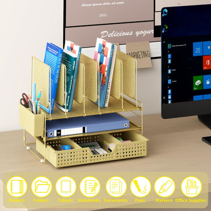 LEKETREE Desk Organizer, Office Organization with Vertical File Holder, File Organizer with Drawer and Pen Holder, Desk Accessories and Workspace Organizers for Home Office (Black)
