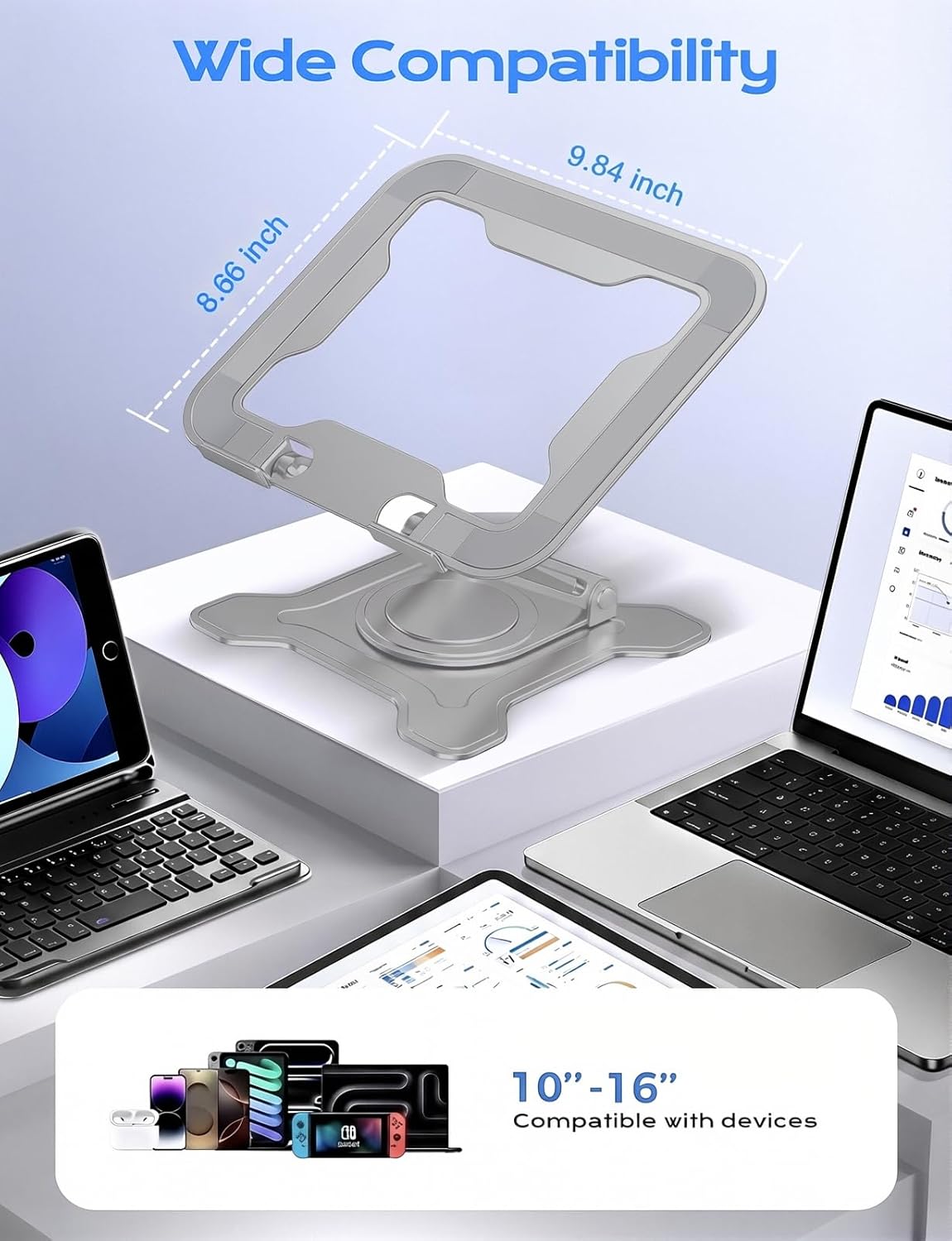 JCZT Adjustable Laptop Stand for Desk, 360° Rotating Base Ergonomic Computer Stand, Laptop Riser Foldable Protable for Office Home Fits Compatible with MacBook Pro/Air Notebook up to 10-16" Black