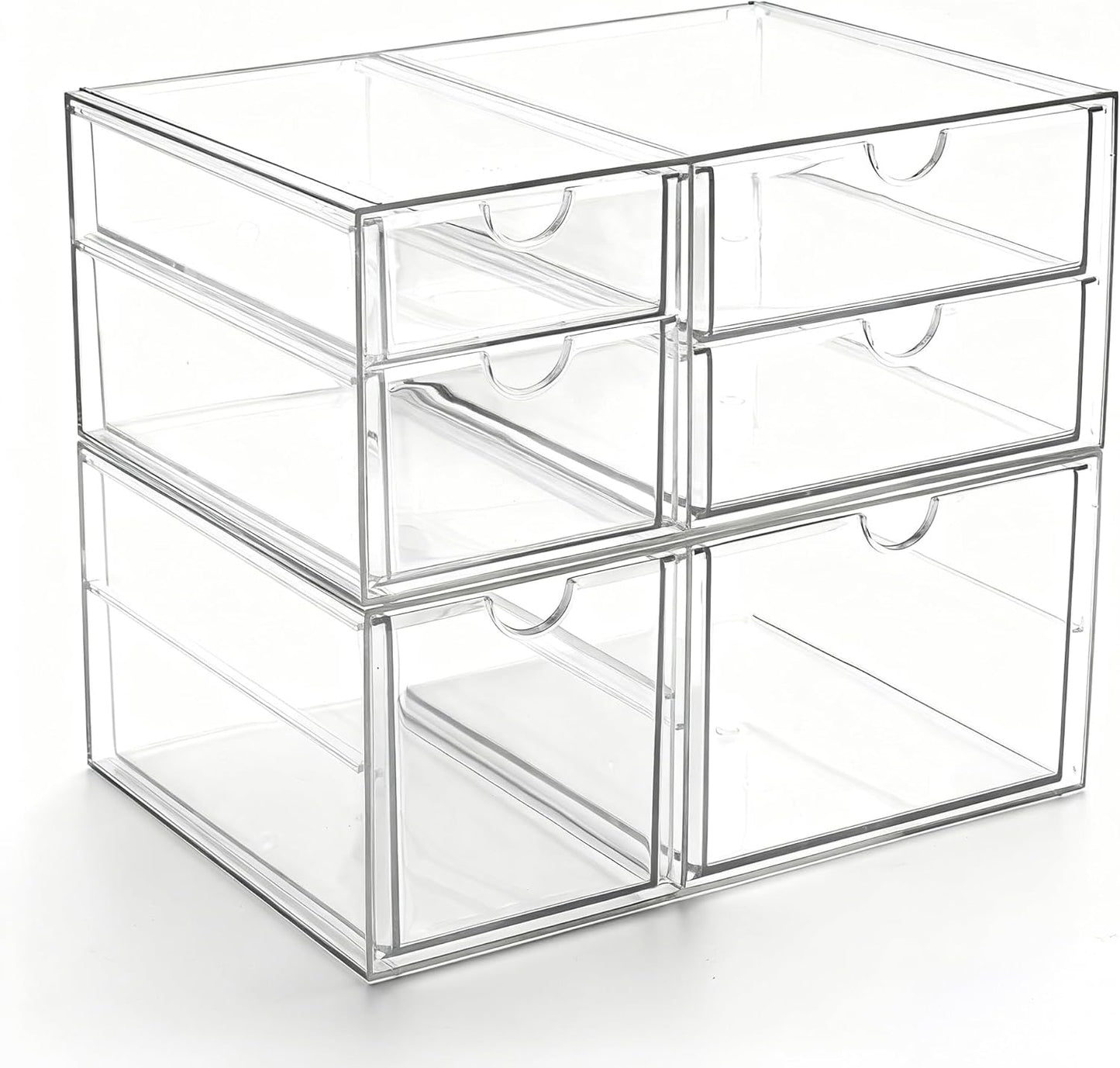 Prsildan Acrylic Makeup Organizer, 2 Pack Stackable Storage Drawers with 6 Drawers for Office Desk Vanity Craft Room Clear Drawer Organizers for Hair Accessories Art Supplies Cosmetics Modular System