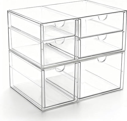 Prsildan Acrylic Makeup Organizer, 2 Pack Stackable Storage Drawers with 6 Drawers for Office Desk Vanity Craft Room Clear Drawer Organizers for Hair Accessories Art Supplies Cosmetics Modular System