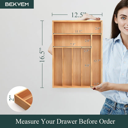 Small Silverware Organizer, Bamboo Kitchen Drawer Organizer, Utensil Holder, Cutlery Tray & Spoon Flatware Storage with Grooved Drawer Dividers (6.7''W x 12''D)