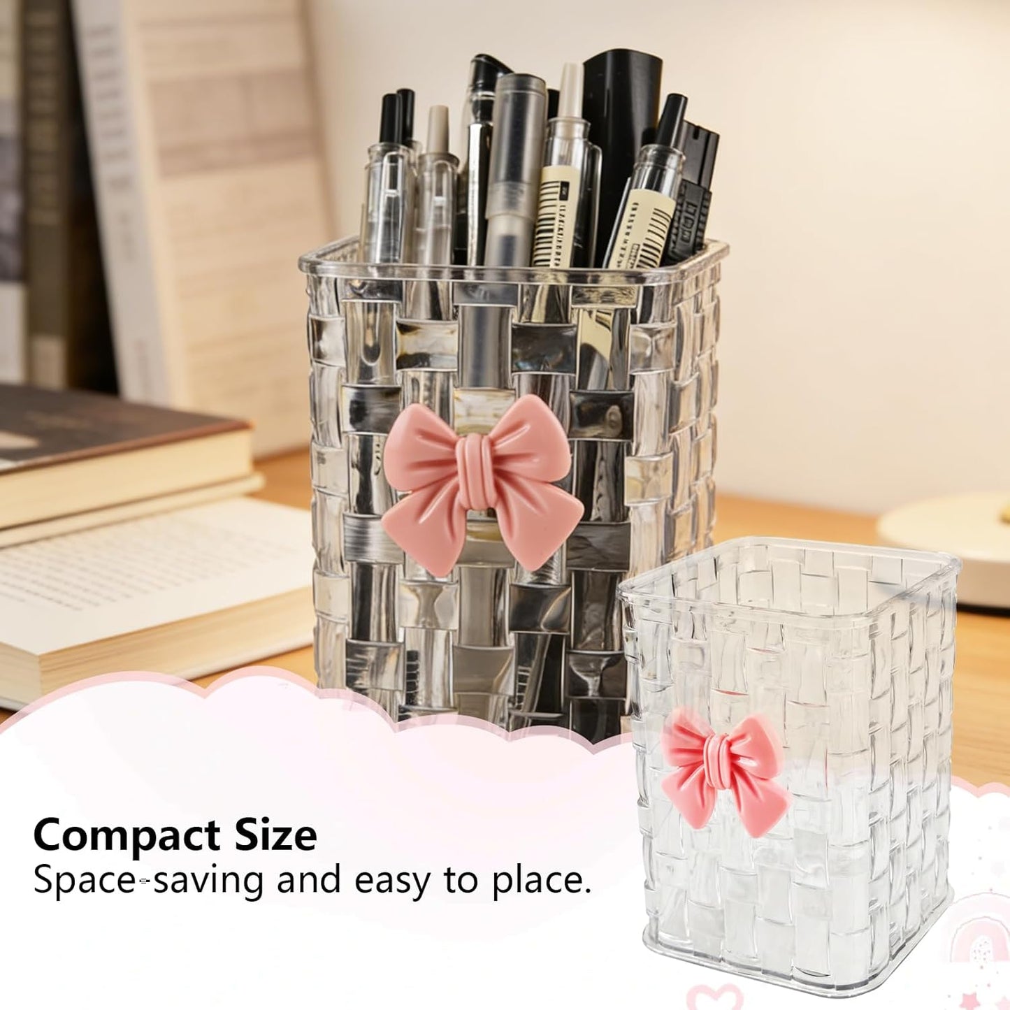 Nirvany Acrylic Pen Holder for Desk, Cute Clear Pencil Organizer & Makeup Brush Holder with Bow Back To School Accessories for Office, Home, School, Kitchen