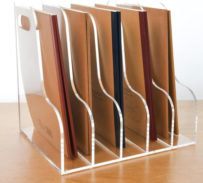 Acrylic Magazine File Holder, 4 Vertical Compartments Desk Document Sorter Organizer, Clear Folder Rack Binder for Office/Home/Classroom, for Documents, Tablet, Magazines, Books & Accessories