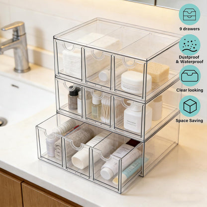 Prsildan Acrylic Makeup Organizer, 2 Pack Stackable Storage Drawers with 6 Drawers for Office Desk Vanity Craft Room Clear Drawer Organizers for Hair Accessories Art Supplies Cosmetics Modular System
