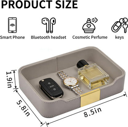 Luxury Leather Valet Tray Desktop Storage Organizer,Bedside Vanity Catchall Tray Nightstand Caddy Holder for Cosmetic,Jewelry,Watch,Keys,Phone,Wallet,Remote Controller,Pen,Black