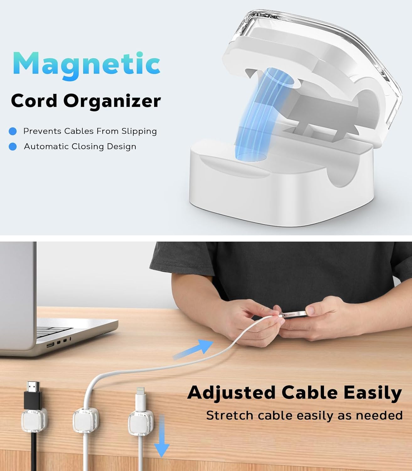 MoKo 6 Pack Magnetic Cable Clips, Under Desk Cable Management, Adhesive Magnetic Cord Holder, Magnetic Cord Organizer Wire Holder Keeper Organizer for Nightstand Desk Office Car Wall Glass, White