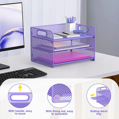 Samstar 3 Tier Letter Tray Paper Organizer with Handle, Mesh Desk Organizer Paper Sorter File Rack Shelves, Black