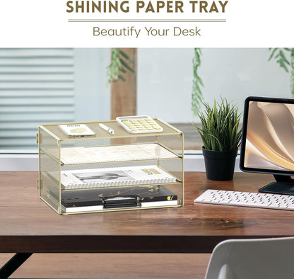 DALTACK 3 Tier Letter Tray Paper Organizer for Desk, Mesh Metal Desk File Organizer with Sliding Trays for Letter/A4 Paper, Mail, Bills & Folders, Black