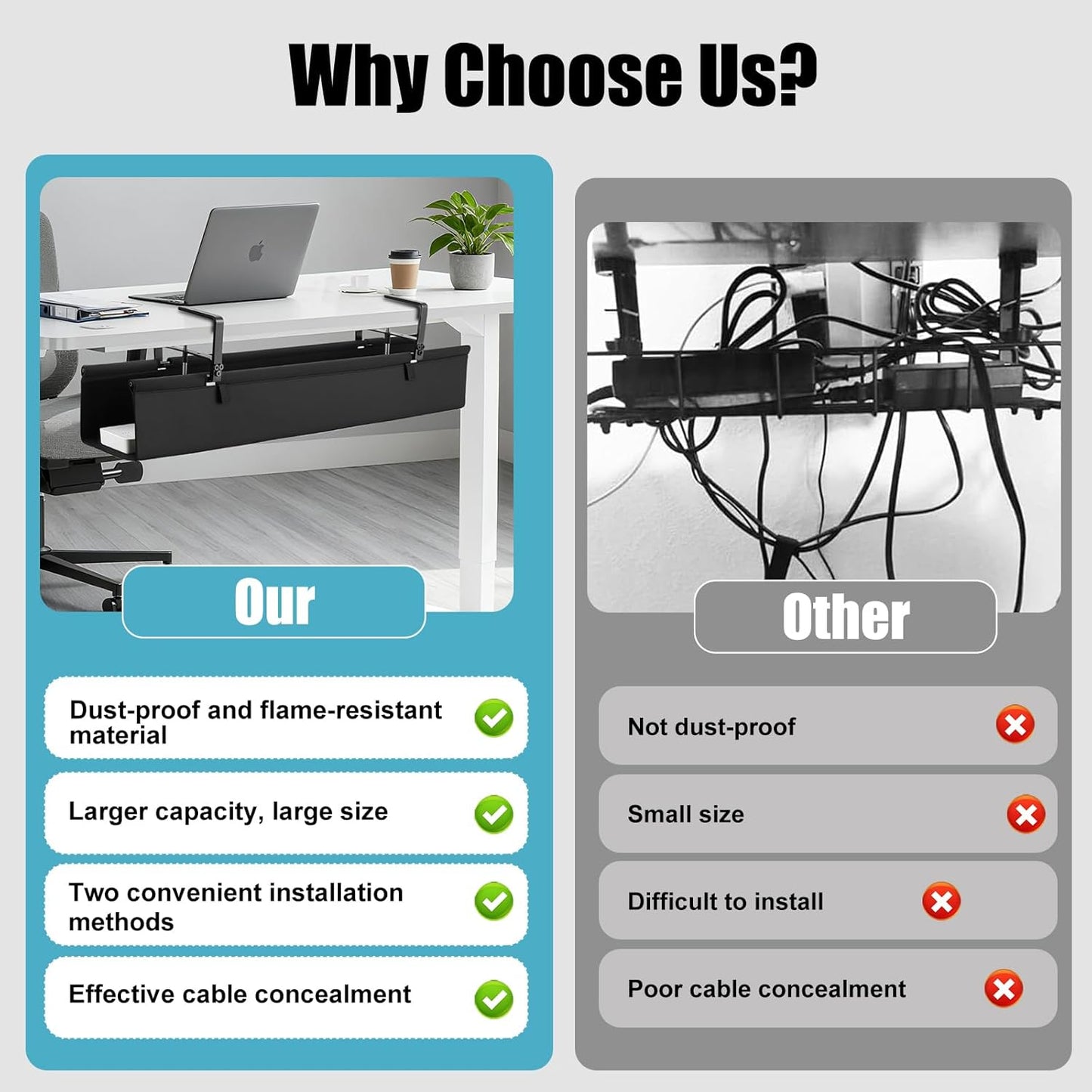 Oxford Cloth Under Desk Cable Management Tray,No-Drill 36" Desk Cable Management Organizer with Clip/Screw Installation,Fabric Cable Management for Home,Office & Gaming Computer(Black)