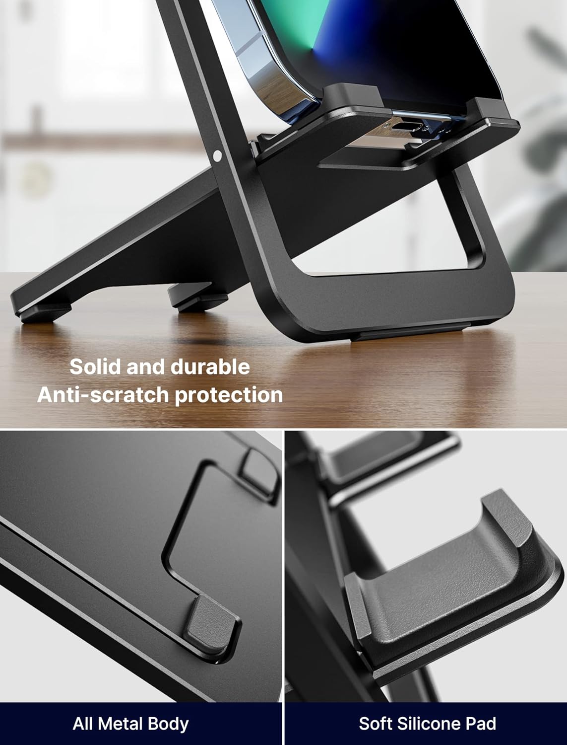 JSAUX Cell Phone Stand, Foldable Aluminum Adjustable Phone Holder for Desk Portable Travel Essentials Office Accessories for iPhone 17 16 15 14 13 Pro Max Samsung S25 S24 S23 Ultra Kindle-Gray