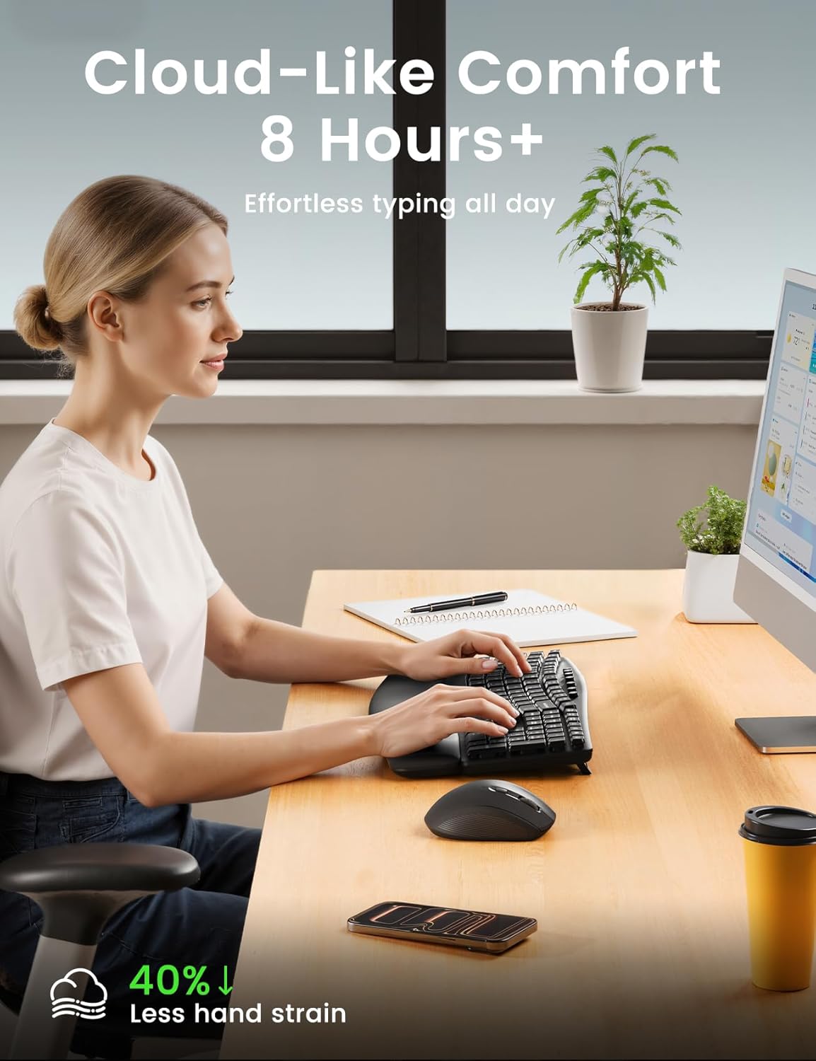 Wireless Keyboard and Mouse Combo, SABLUTE MA41 30dB Quiet Ergonomic Wave Keyboard Set with Soft Leather Palm Rest, Dual-System Switch for Windows/Mac, Ideal for Business Teams Home Office