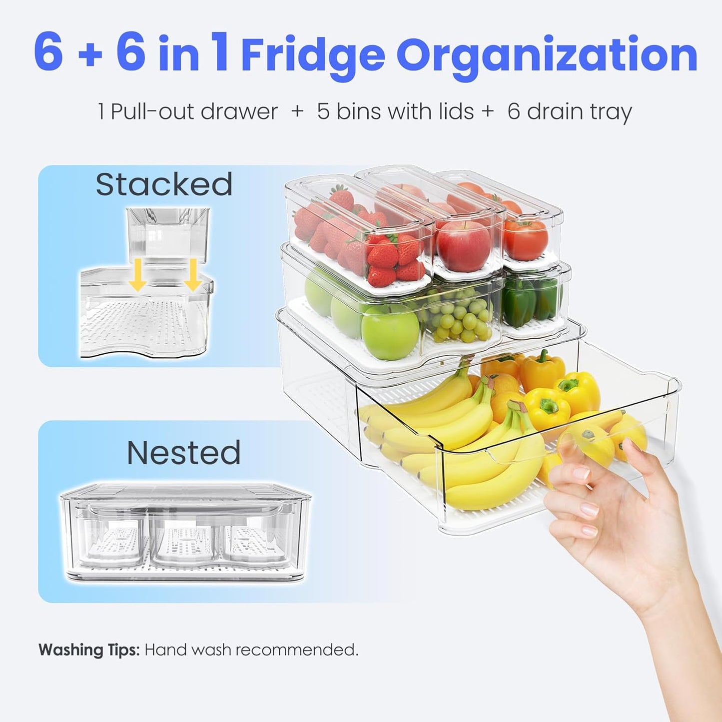 SMRCAD 8 Pack Refrigerator Organizers, Clear Pull-out Drawer Container and Organizer Bins with Lids, Stackable Storage Containers for Fruits, Vegetable (Set of 8 (Include Pull Out Drawer))