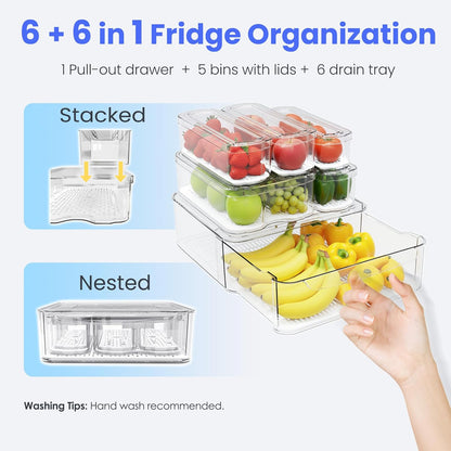 SMRCAD 8 Pack Refrigerator Organizers, Clear Pull-out Drawer Container and Organizer Bins with Lids, Stackable Storage Containers for Fruits, Vegetable (Set of 8 (Include Pull Out Drawer))