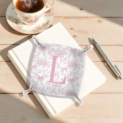 Gifts for Mom Initial Valet Tray,Pink Personalized Gifts for Women Mom Grandma Girlfriend,Nightstand Desk Accessories PU Leather Tray Organizer for Birthday Christmas Gift Ideas (B)