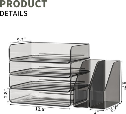 FANXIYQ 4-Tier Horizontal Acrylic Paper Tray Organizer with Bookends | Clear Stackable Desk Organizer for Documents, Letters, A4 Paper | Modern Office/Classroom/Home Organization
