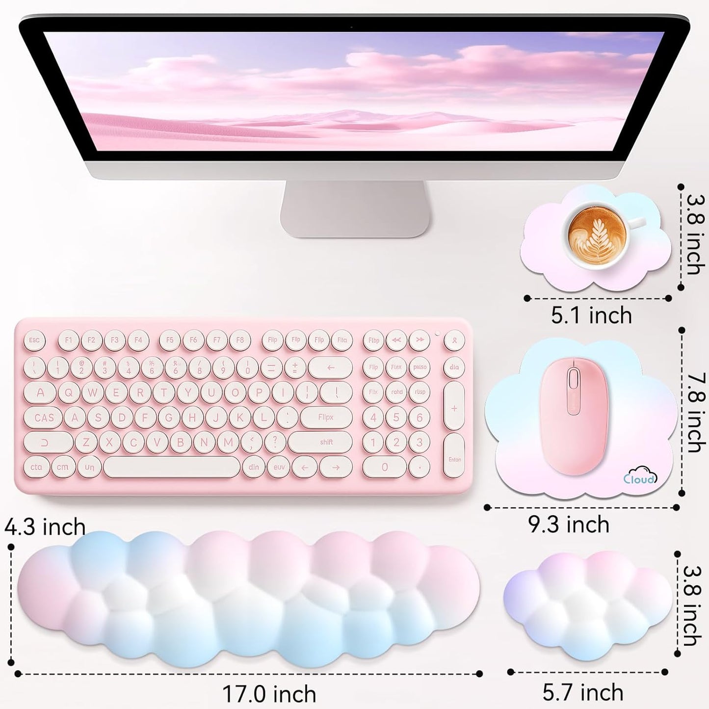 Sushret Cloud Wrist Rest for Computer Keyboard, 4-in-1 Memory Foam Leather Cloud Keyboard Wrist Rest and Mouse Pad Set with Ergonomic Support for Arm and Palm Cushion, Gaming/Work Setup, Rainbow