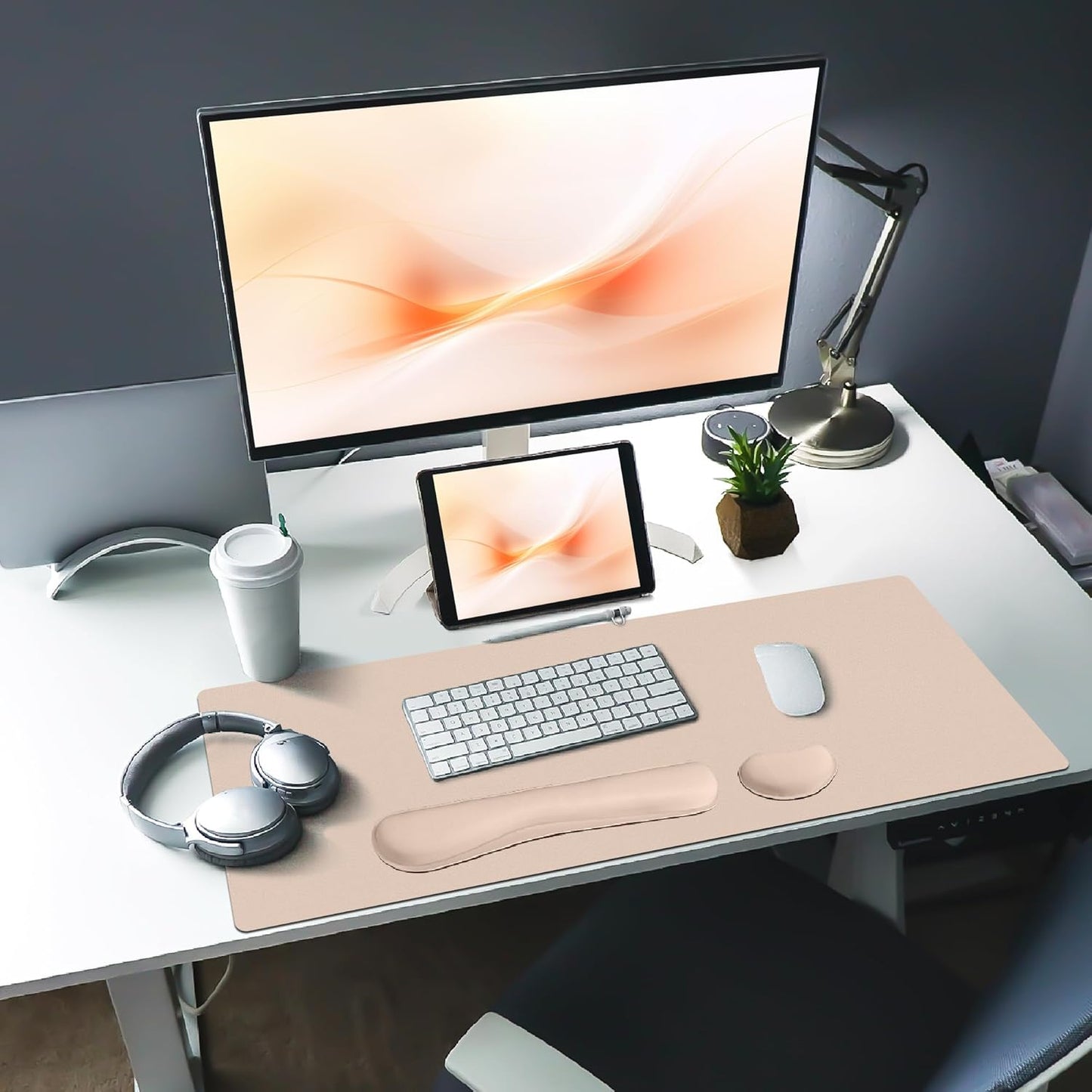 Bloss Leather Desk Pad and Keyboard Wrist Rest, Large Mouse Pad + Keyboard Pad+Mouse Wrist Support, Non-Slip Desk Mat Protector for Office, Home(31.5×15.7 Inches,Beige)