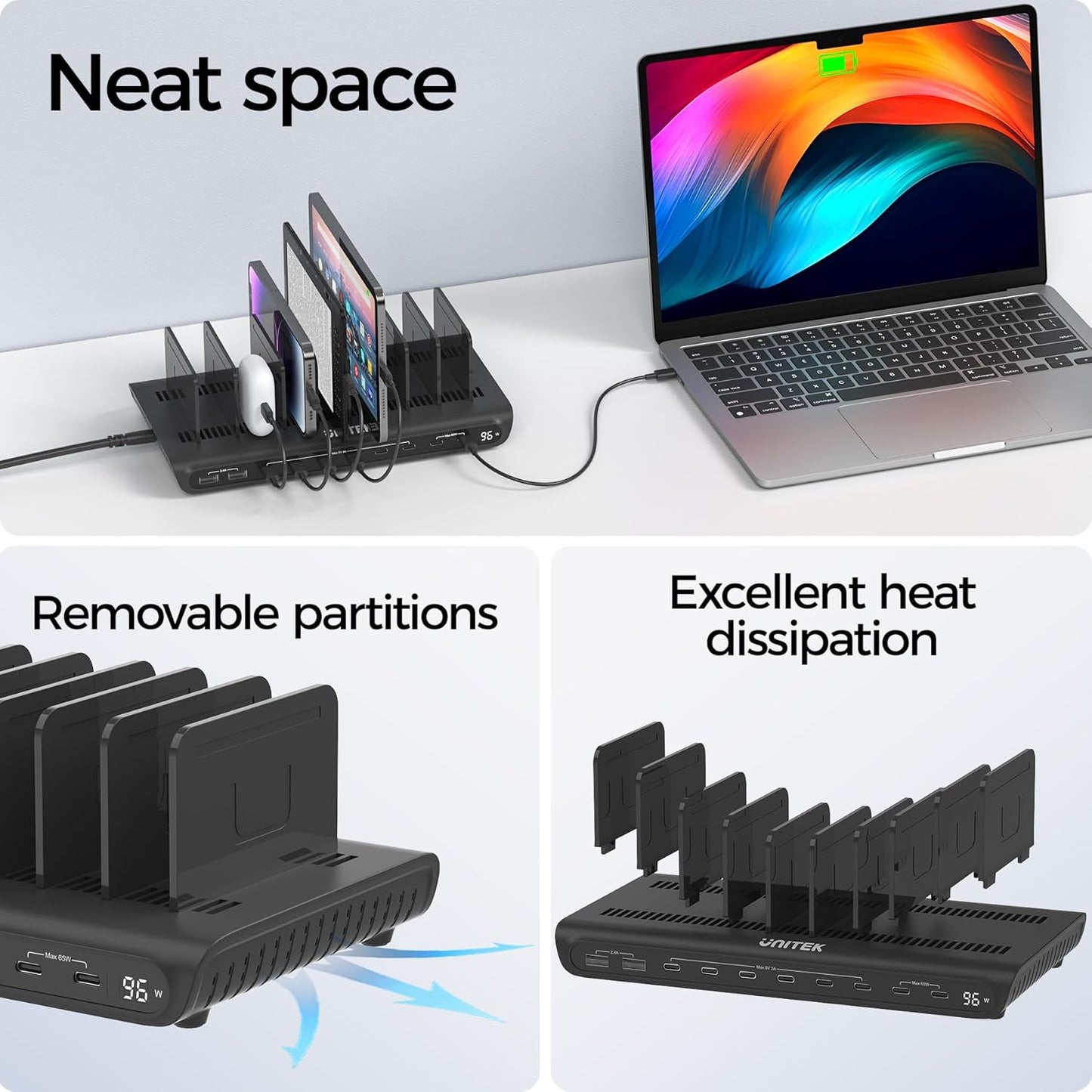 Unitek 10-Port Desktop Charging Dock Ultimate Charging Station for Multiple Devices, iPhones & Apple Products High-Speed USB Hub with LED Display for Office, Kitchen Counter, Desk Organizer
