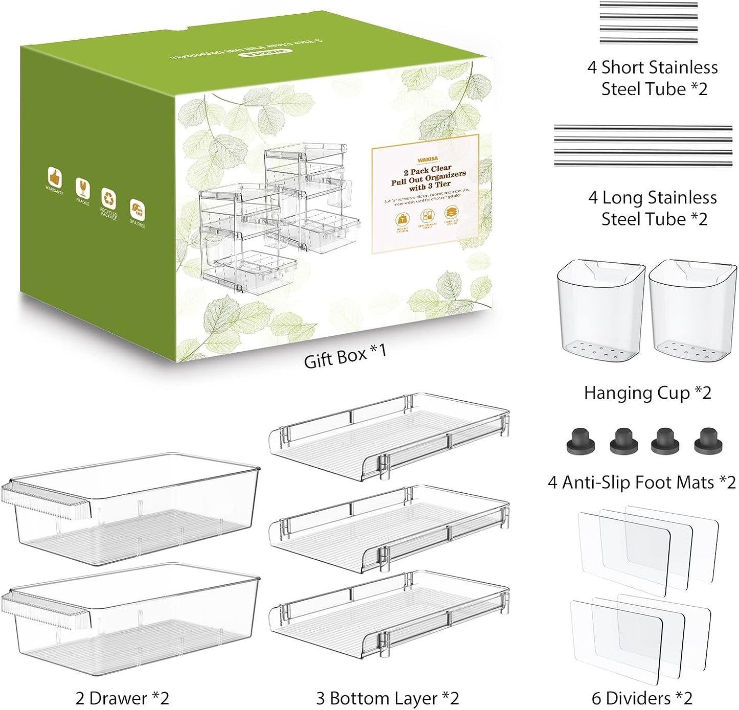 Clear Bathroom Organizers 2 Sets 3 Tier, Pull Out Organizer and Storage with 2 Cups, Slide Out Drawer Storage Container with 6 Dividers, Multi-Purpose Bathroom Organizer, Kitchen Under Sink Organizer