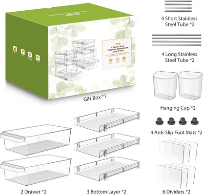Clear Bathroom Organizers 2 Sets 3 Tier, Pull Out Organizer and Storage with 2 Cups, Slide Out Drawer Storage Container with 6 Dividers, Multi-Purpose Bathroom Organizer, Kitchen Under Sink Organizer