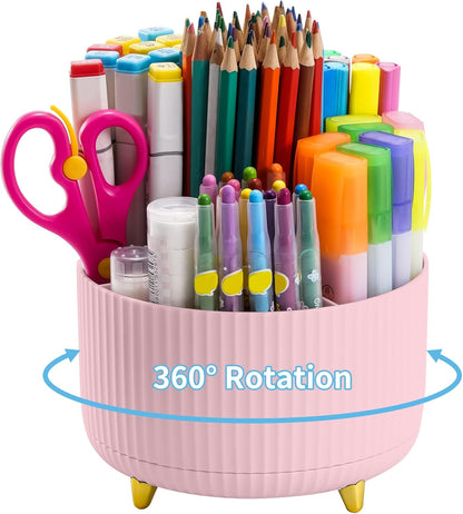 Marbrasse Desk Organizer, 360-Degree Rotating Pen Holder, Desk Organizers and Accessories with 5 Compartments Pencil Holder, Art Supply Storage Box Caddy for Office, Home（White）