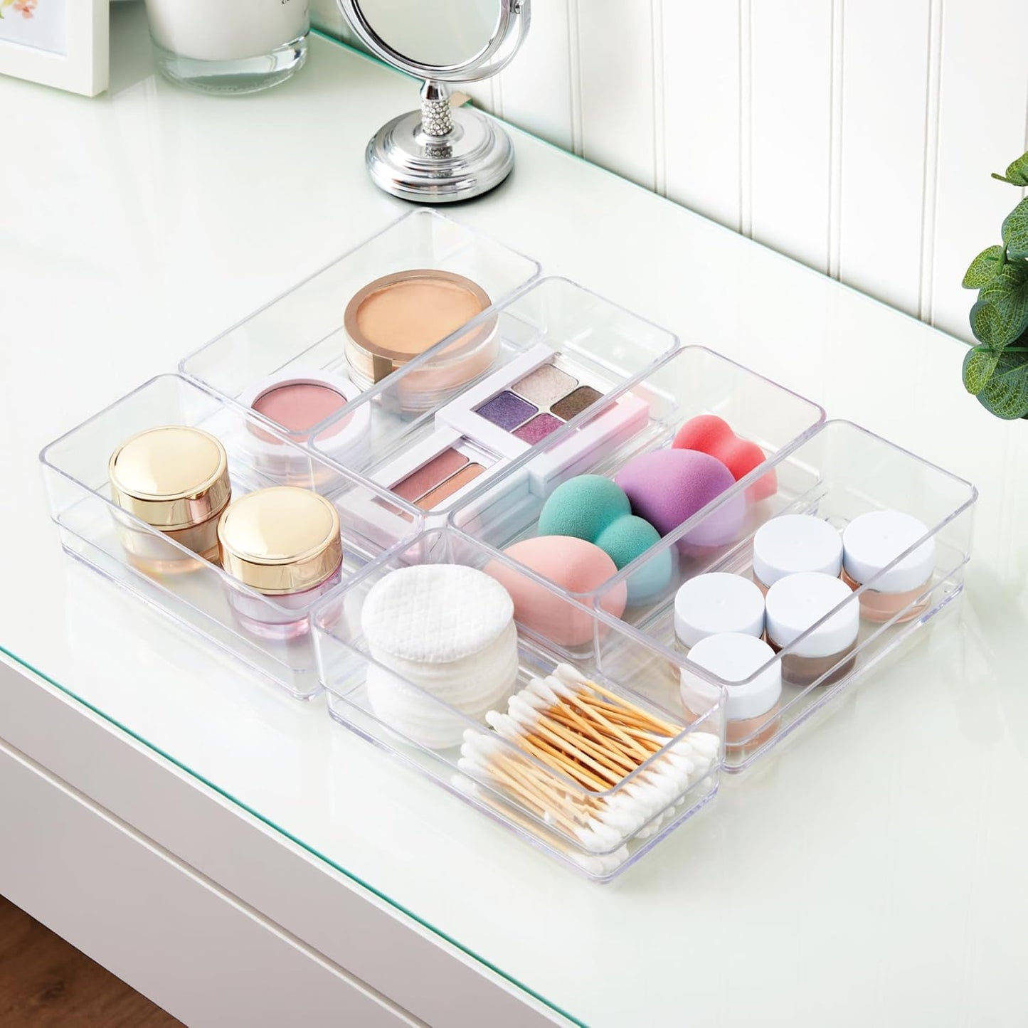 STORi SimpleSort 6-Piece Stackable Clear Drawer Organizer Set | 12" x 3" x 2" Rectangle Trays | Narrow Makeup Vanity Storage Bins and Office Desk Drawer Dividers | Made in USA