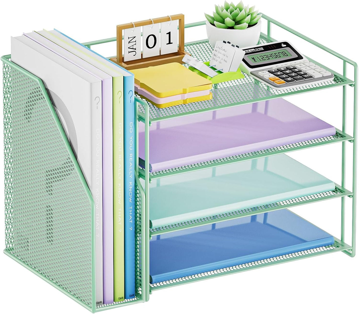 Marbrasse Desk Organizer and Accessories，4-Tier Paper Letter Tray Organizer with File Holder，Desk Accessories & Workspace Desktop Organizers for School Home Office Supplies (Blue)