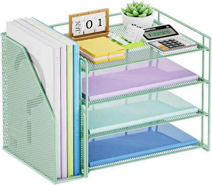 Marbrasse Desk Organizer and Accessories，4-Tier Paper Letter Tray Organizer with File Holder，Desk Accessories & Workspace Desktop Organizers for School Home Office Supplies (Blue)
