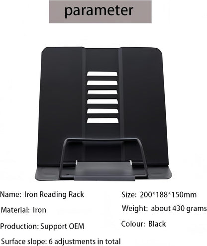 Azheeujy Metal Book Stand Folding Reading Book Holder with 6 Adjustable Angles and Paper Page Clip,Sturdy Desktop Book Holder for Cookbook,Magazine,Textbooks,Document,Music Book,Laptop,Tablet (Black)
