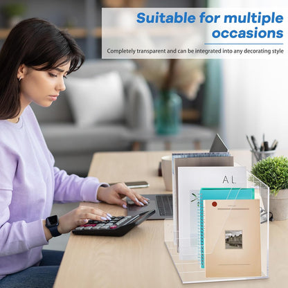 Suzile Clear Acrylic Magazine File Holder with Vertical Compartments Desk Organizer Book Rack for Desk Sorter Paper Folder Office Accessories(Clear,14.2 x 7.2 x 6.5 Inch)