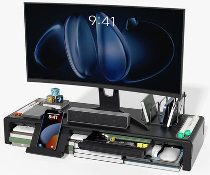OImaster Monitor Stand Riser, Foldable Computer Monitor Riser, Adjustable Length Computer Stand and Storage Drawer & Pen Slot, Phone Stand Compatible Computer, Desktop, Laptop, Save Space (White-Basic)