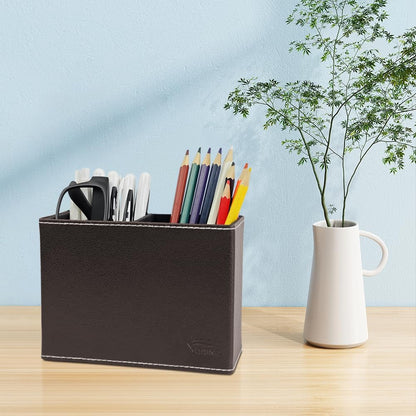Leather Pen Holder, Brown Pencil Holder, Desktop Elegant Pen Holder for Desk, Stationery Organizer for School Office Home Dorm (3.3" x 3.3" x 4", Brown)