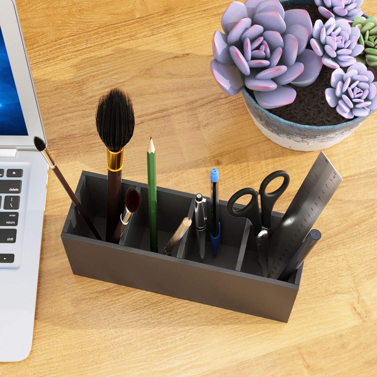 NIUBEE Acrylic Pen Holder 4 Compartments, Clear Pencil Organizer Cup for Countertop Desk Accessory Storage