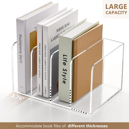 SANRUI Acrylic Desk Magazine File Holder, Clear Desk Organizer with 4 Vertical Compartments, Workspace Document Sorter for Documents, Tablet, Magazines, Books & Accessories