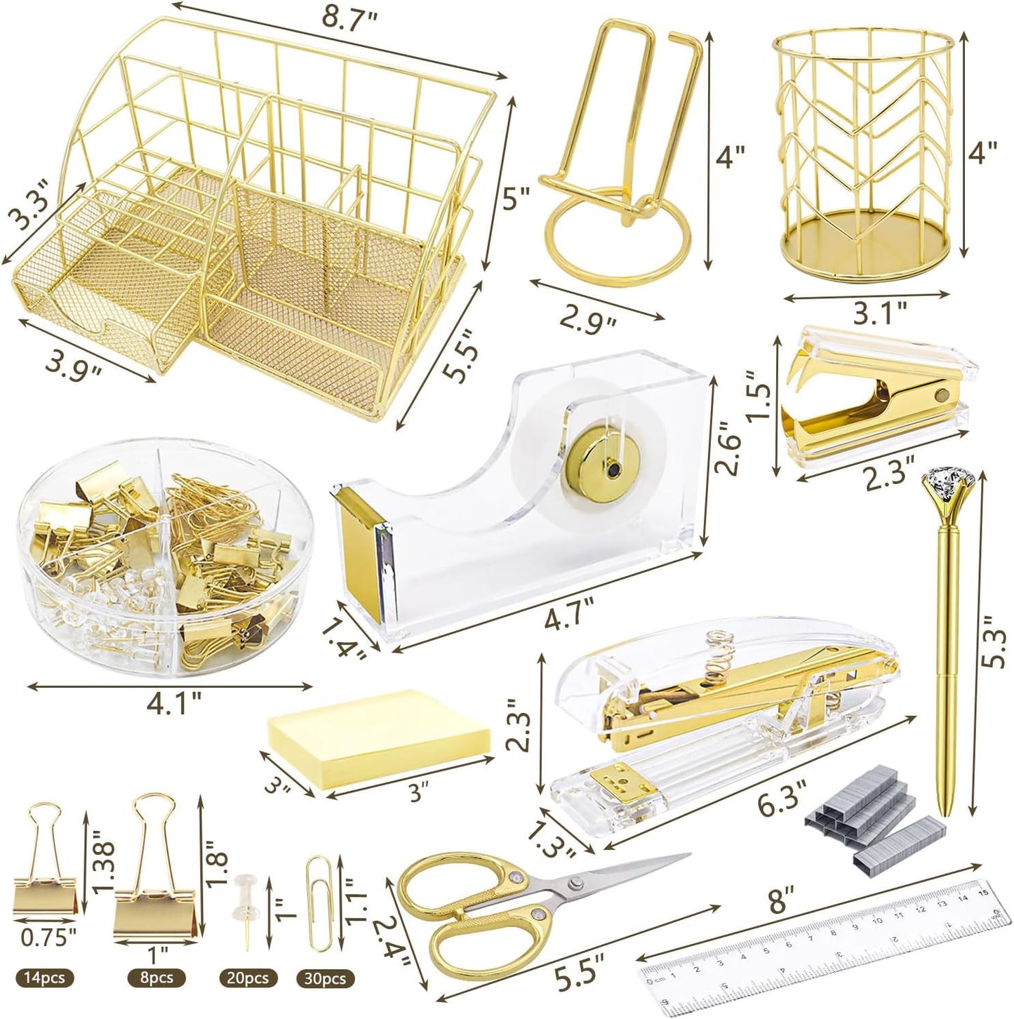 Office Desk Organizers, Rose Gold 13PCS Office Supplies and Accessories Desk organizer, Acrylic Stapler, Staple Remover, Clips, Scissor, Phone Holder, Pen, Pen Holder (Rose Gold)