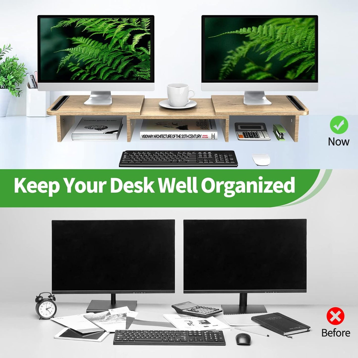 Zimilar Dual Monitor Stand Riser, Monitor Stand with Adjustable Length and Angle, Wood Monitor stand for desk, Monitor Riser for 2 monitors with Storage Space(Rust Brown Large)