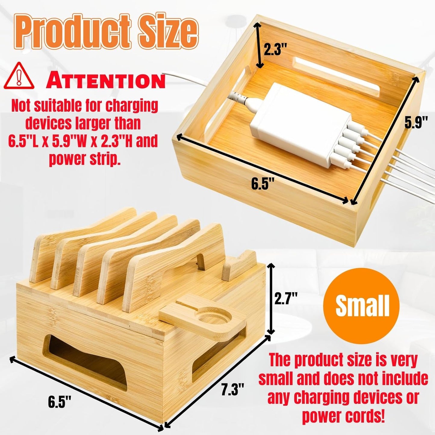 Bamboo Charging Station for Multi Devices, Small Desktop Docking Stand, Cell Phone Docking Station Charger Organizer for Tablets, Smart Watch (No USB Charger No Charging Cables)