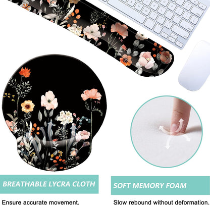 Keyboard Wrist Rest Pad Mouse Pad with Wrist Support Set of 3, Mousepad with Non-Slip Rubber Base, Ergonomic Memory Foam Mouse Wrist Cushion Support for Home Office Laptop Computer, Flower Black