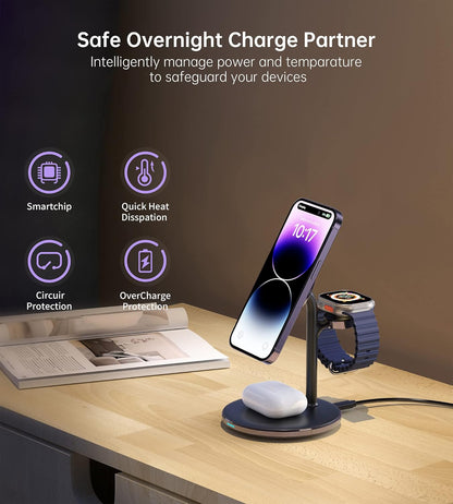 XooFly 3 in 1 Wireless Charging Station for Apple Devices, Fast Wireless Mag-Safe Charger Stand with 20W Adapter for iPhone 17 16 15 14 13 12 Pro Max/Air/Plus/Pro,iWatch,AirPods-Gift for Wife&Husband